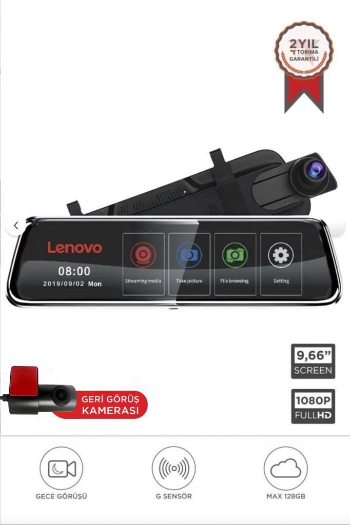 Lenovo Araç İçi Kamera Gece Görüşlü Dokunmatik 1080P Ön ve Arka Dikiz Aynası V7 8801 Plus Siyah