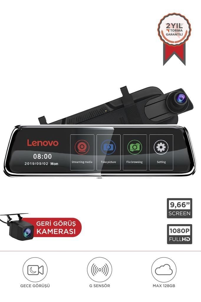 Lenovo V7/8801PLUS Siyah 1080P Araç içi 9.6inç Dokunmatik Dikiz Gece Görüşü Ön ve Arka Araç Kamerası