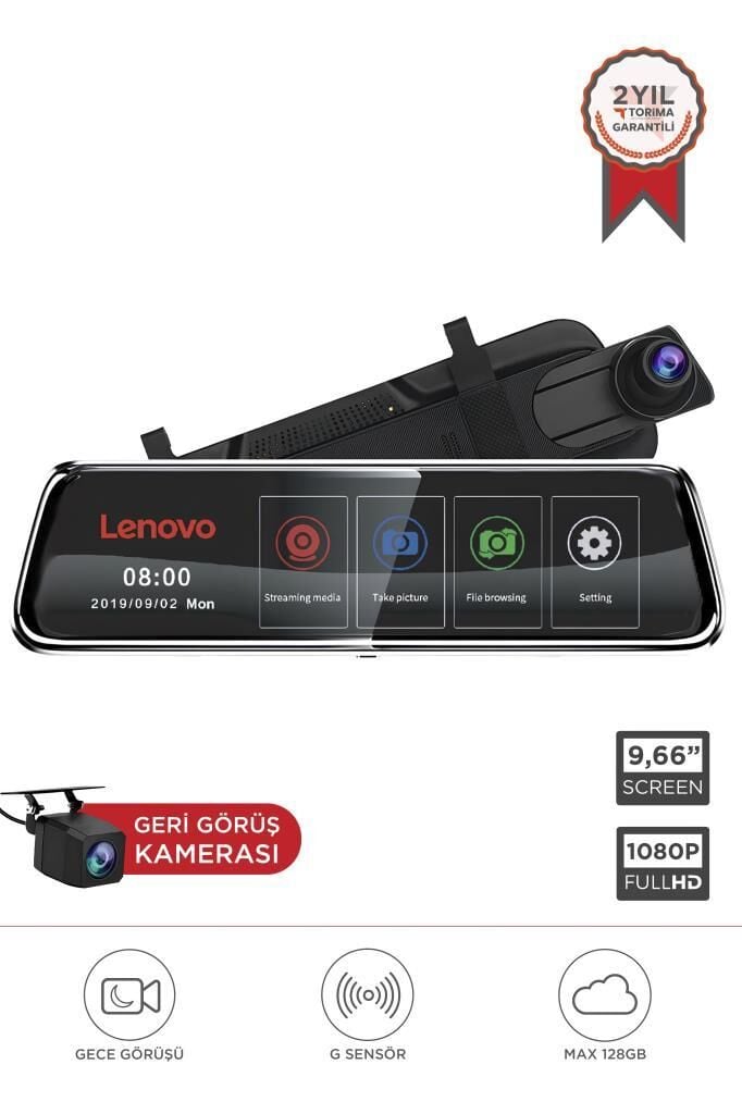 Lenovo V7/8801PLUS Siyah 1080P Araç içi 9.6inç Dokunmatik Dikiz Gece Görüşü Ön ve Arka Araç Kamerası