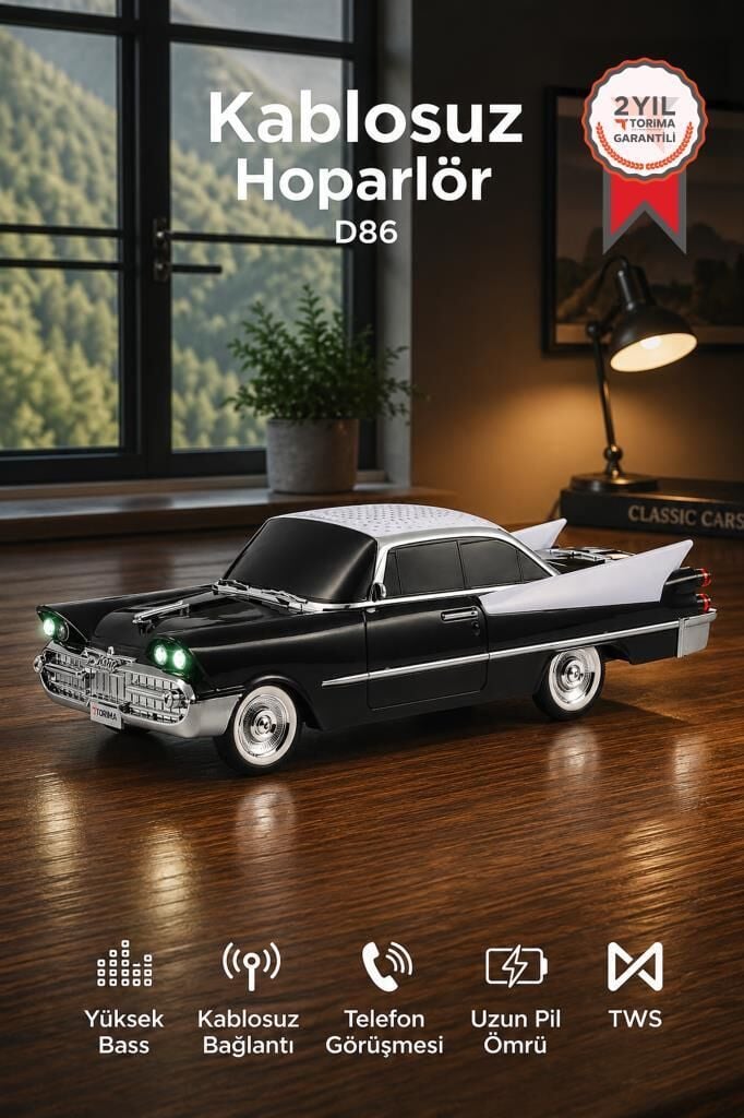Bluetooth Hoparlör Retro Klasik Araba Tasarımlı TWS 10W FM USB Speaker D86 Siyah