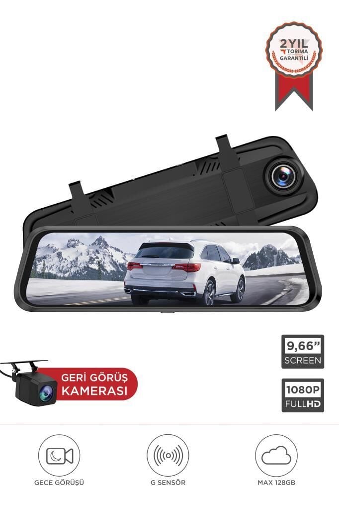 Lenovo V7AHD Siyah 1080P Araç içi 9.6inç Dokunmatik Dikiz Ayna Gece Görüşü Ön ve Arka Araç Kamerası