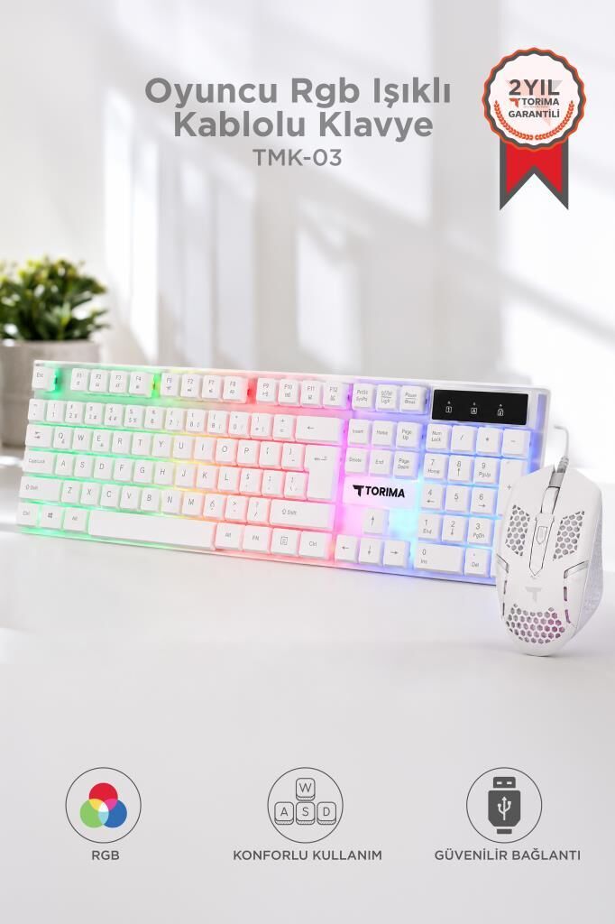 Oyuncu Rgb Işıklı Kablolu Q Klavye Ve Mouse Seti TMK03 Beyaz