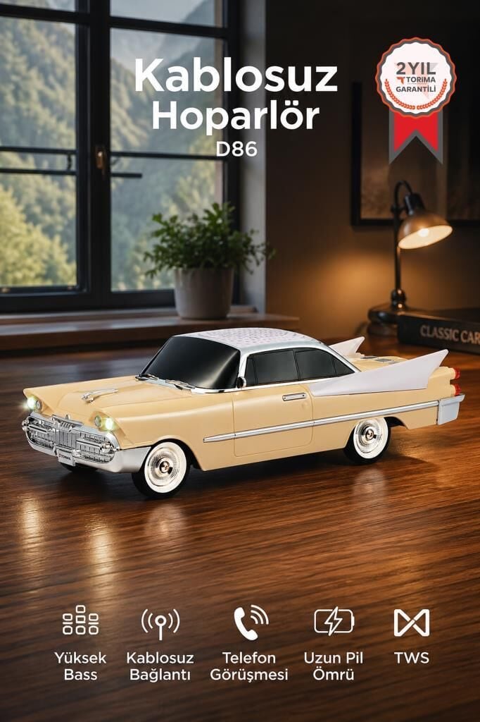 Bluetooth Hoparlör Retro Klasik Araba Tasarımlı TWS 10W FM USB Speaker D86 Bej