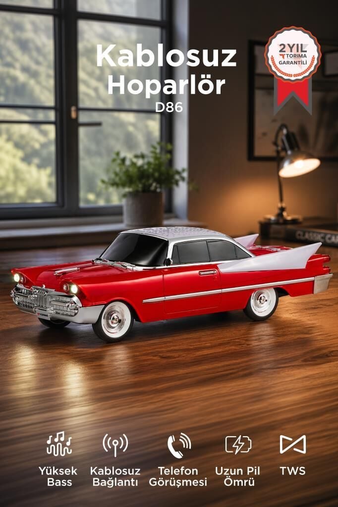 Bluetooth Hoparlör Retro Klasik Araba Tasarımlı TWS 10W FM USB Speaker D86 Kırmızı