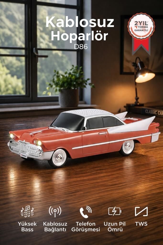 Bluetooth Hoparlör Retro Klasik Araba Tasarımlı TWS 10W FM USB Speaker D86 Turuncu