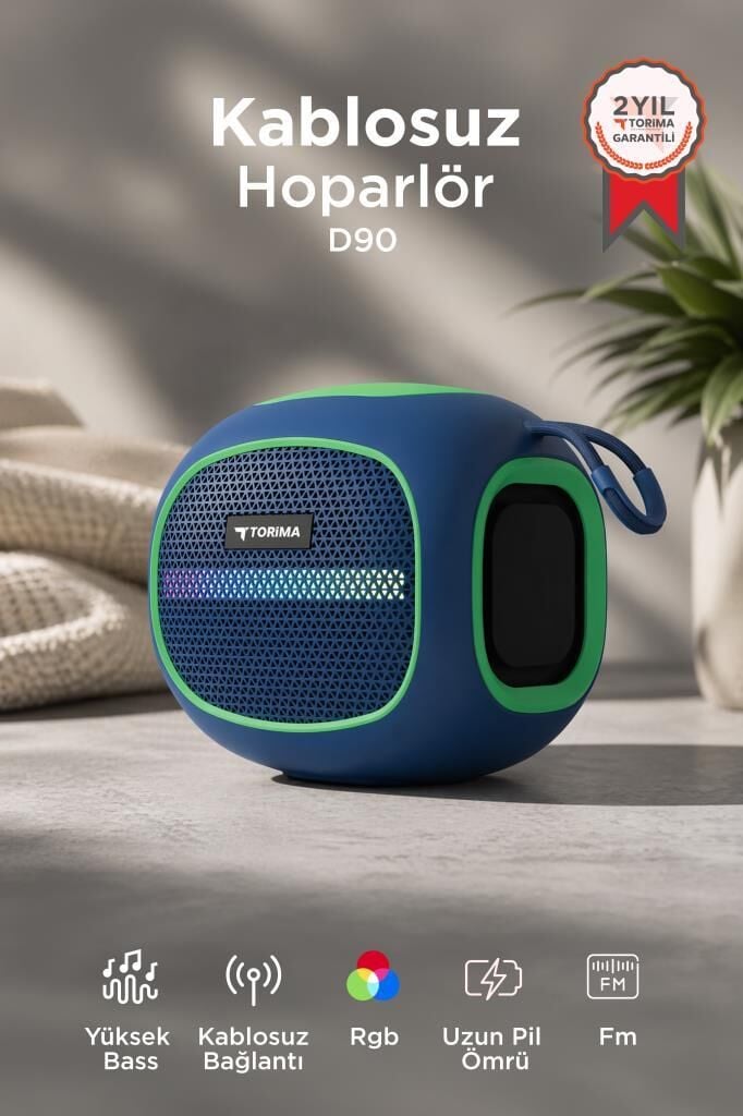 Bluetooth Hoparlör Taşınabilir Kablosuz Speaker FM Radyo USB TF Kart 5W D90 Mavi