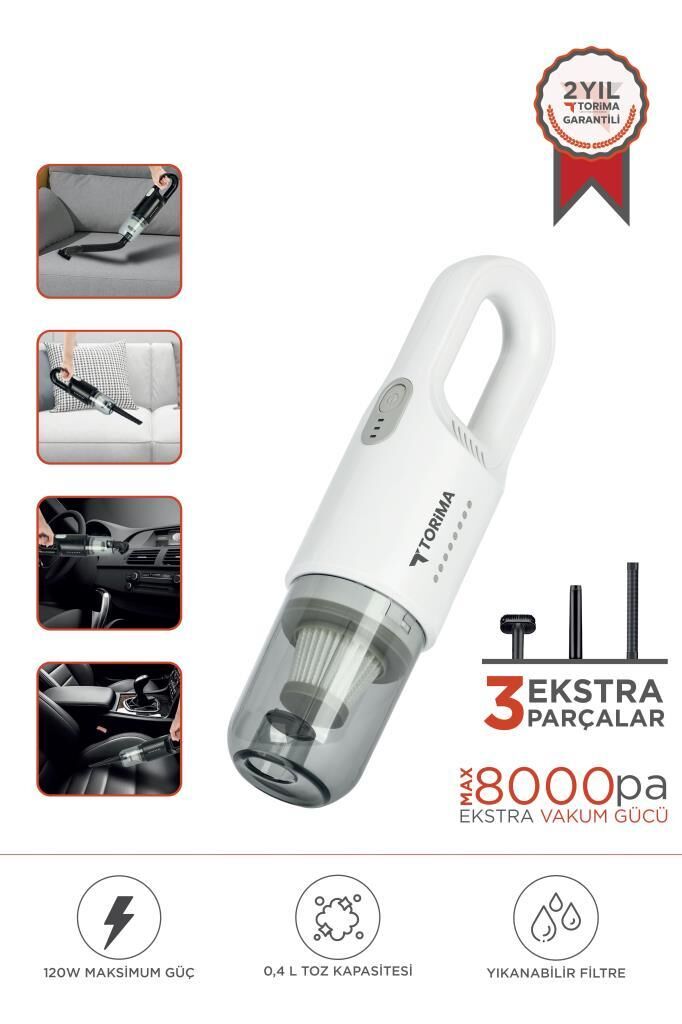 Araç Süpürgesi Şarjlı 8000Pa Süper Güçlü El Süpürgesi A031 Beyaz