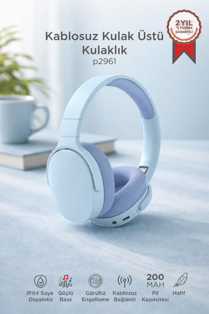 Bluetooth Kulaklık Kulak Üstü Kablosuz Kulaklık P2961 Mavi