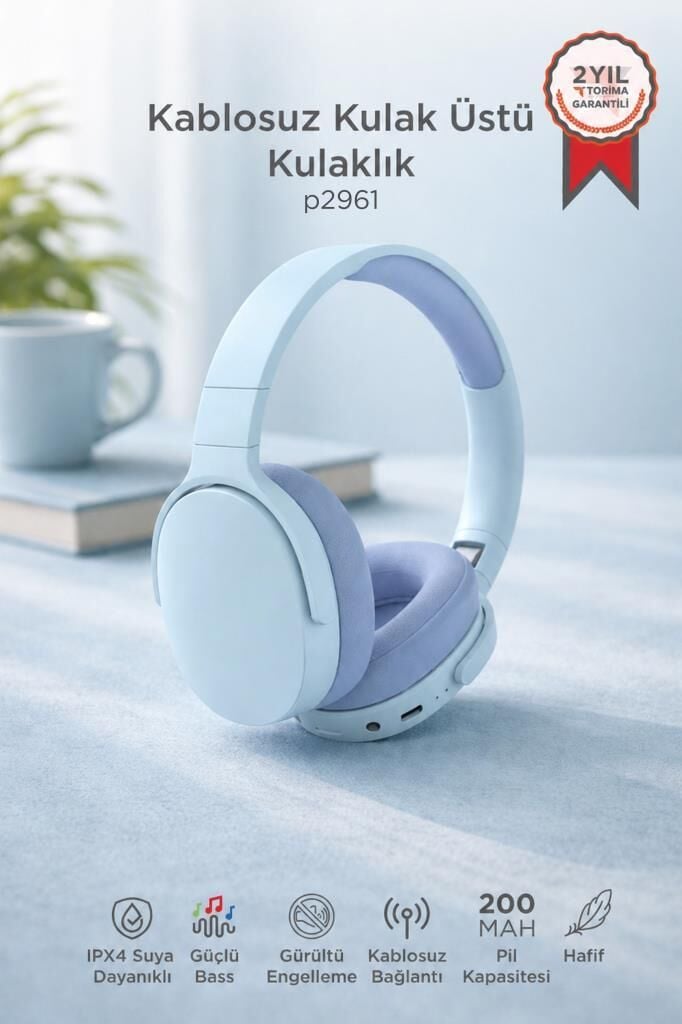 Bluetooth Kulaklık Kulak Üstü Kablosuz Kulaklık P2961 Mavi