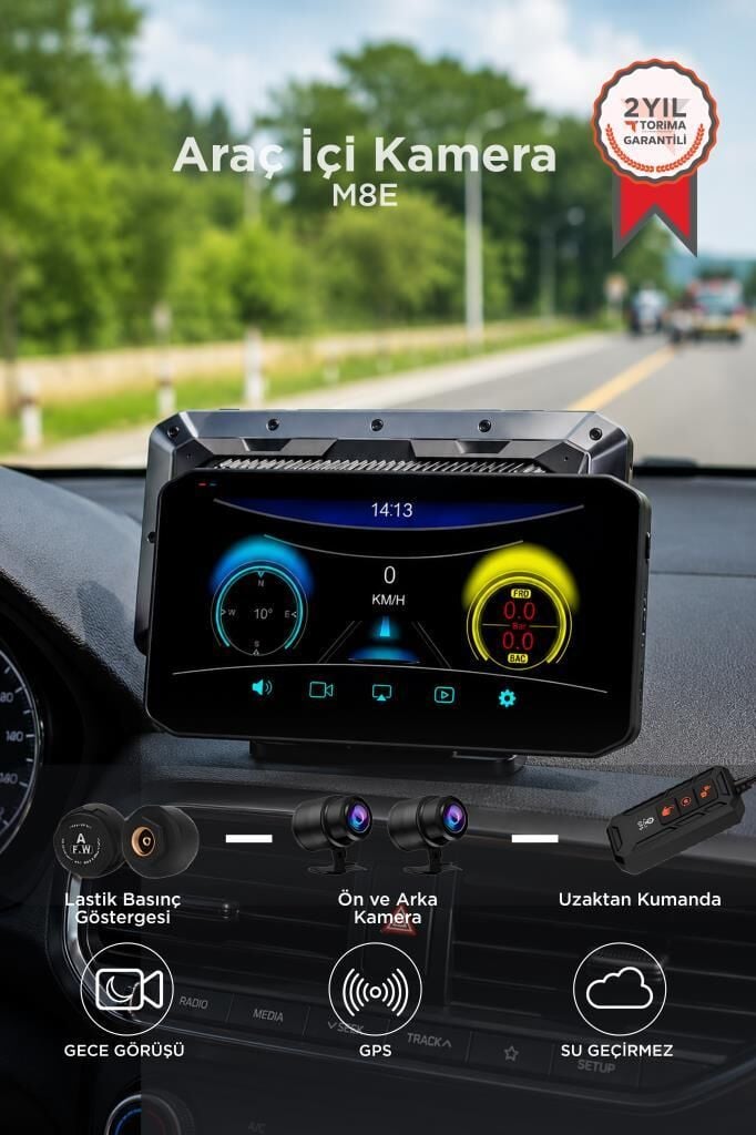 Araç İçi Kamera Ultra Hd Wifi Tekerlek Basınç Göstergeli Carplay Ön ve Arka Motorsiklet Kamerası M8E Siyah