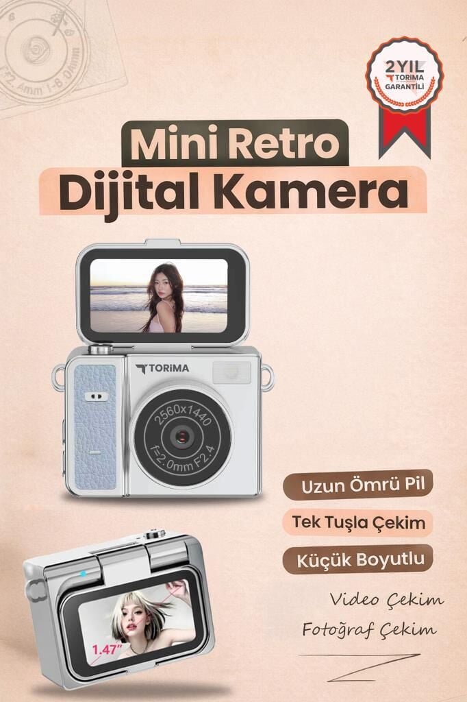 Mini Dijital Kamera 2K Flip Ekranlı Selfie Video Vlog Kamerası CMR46 Mavi
