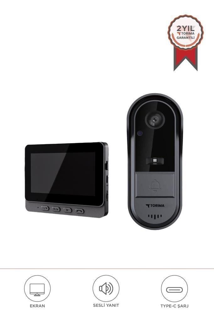 Görüntülü Monitörlü Su Geçirmez Kablosuz Akıllı Kapı Zili CMR25 Siyah