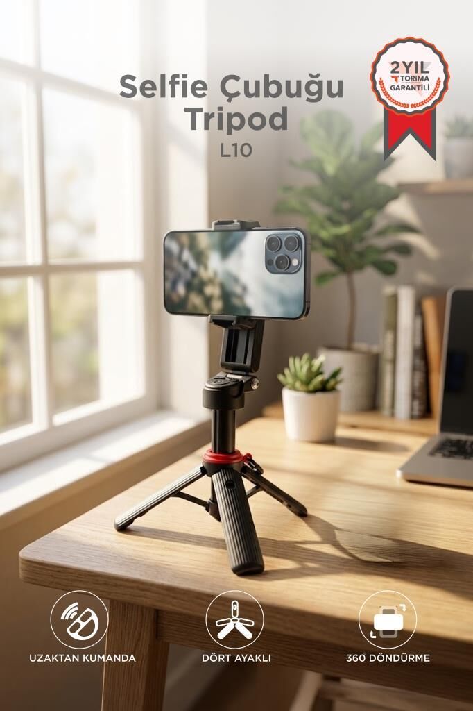 Tripod Çok Amaçlı 360 Derece Kumandalı Selfie Çubuğu L10 Siyah