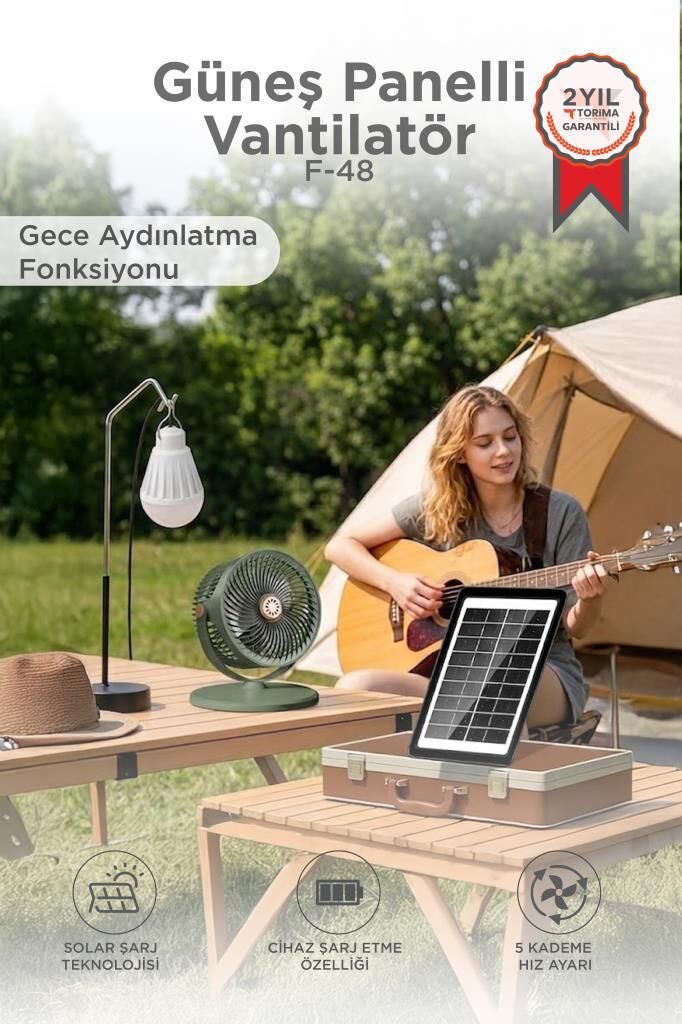 Güneş Panelli Vantilatör Şarjlı Ampüllü 5 Kademeli Taşınabilir Ayarlanabilir Kablosuz Fan F48 Yeşil