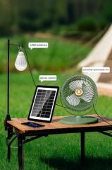 Güneş Panelli Vantilatör Şarjlı Ampüllü 5 Kademeli Taşınabilir Ayarlanabilir Kablosuz Fan F48 Yeşil