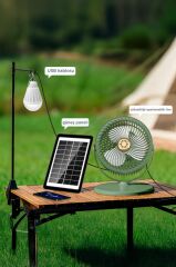Güneş Panelli Vantilatör Şarjlı Ampüllü 5 Kademeli Taşınabilir Ayarlanabilir Kablosuz Fan F48 Yeşil