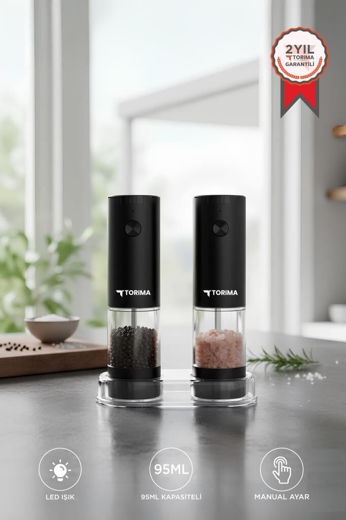 Elektrikli Otomatik Tuz Karabiber Değirmeni Pilli Işıklı Baharat Öğütücü KYMQ-44B-BS Siyah
