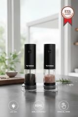 Elektrikli Otomatik Tuz Karabiber Değirmeni Pilli Işıklı Baharat Öğütücü KYMQ-44B-BS Siyah