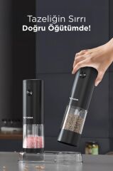 Elektrikli Otomatik Tuz Karabiber Değirmeni Pilli Işıklı Baharat Öğütücü KYMQ-44B-BS Siyah