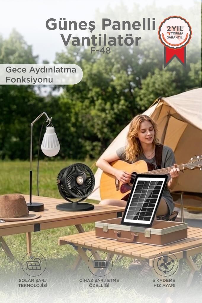 Güneş Panelli Vantilatör Şarjlı Ampüllü 5 Kademeli Taşınabilir Ayarlanabilir Kablosuz Fan F48 Siyah