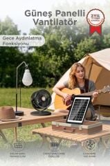 Güneş Panelli Vantilatör Şarjlı Ampüllü 5 Kademeli Taşınabilir Ayarlanabilir Kablosuz Fan F48 Siyah