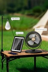Güneş Panelli Vantilatör Şarjlı Ampüllü 5 Kademeli Taşınabilir Ayarlanabilir Kablosuz Fan F48 Siyah