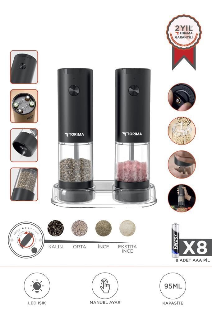 Elektrikli Otomatik Tuz Karabiber Değirmeni Pilli Işıklı Baharat Öğütücü KYMQ-44B-BS Siyah