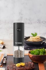 Elektrikli Otomatik Tuz Karabiber Değirmeni Pilli Işıklı Baharat Öğütücü KYMQ-44B-BS Siyah