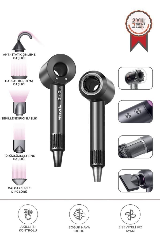 Torima H5 Gri Güçlü Saç Kurutma Makinesi Saç Şekillendirici