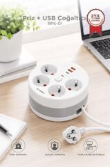 Akım Korumalı Makaralı Priz 3 Port USB Çoğaltıcı Grup Priz 3M RPS01 Beyaz