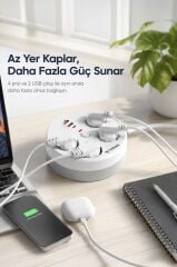 Akım Korumalı Makaralı Priz 3 Port USB Çoğaltıcı Grup Priz 3M RPS01 Beyaz