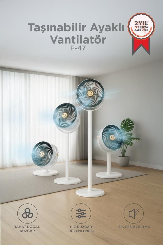 Sessiz Vantilatör Şarjlı 5 Kademeli Taşınabilir Ayarlanabilir Kablosuz Fan F47 Siyah Beyaz