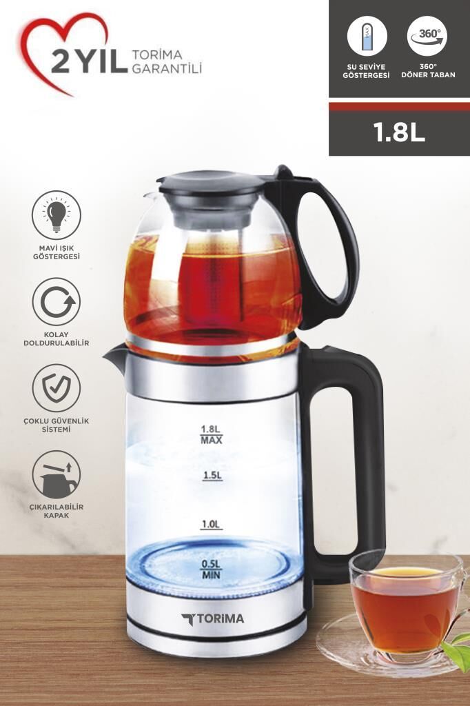 Cam Çay Makinesi Led Işıklı 1500W 1.8L Kettle Su Isıtıcı TY-S888-049