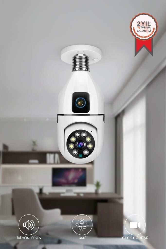 Ampul Kamera Wifi 360° Panoramik Gece Görüş Hareket Algılayıcı Güvenlik Kamerası CMR13 Beyaz