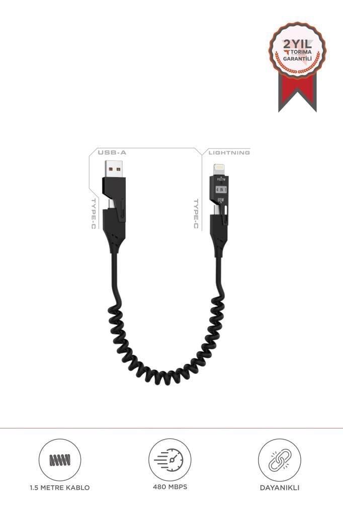 Torima U110 Siyah 4'ü 1 arada ( Type-c , Lightning , USB-A,) 65 W Super Hızlı Akordiyonlu Şarj Kablosu