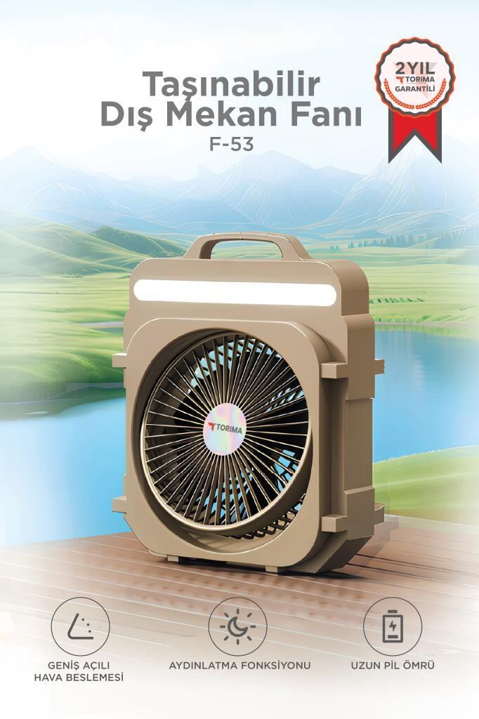 Şarjlı Masaüstü Vantilatör Kamp Tipi 4000 Mah Işıklı Taşınabilir Masa Fanı F53 Bej