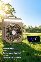 Şarjlı Masaüstü Vantilatör Kamp Tipi 4000 Mah Işıklı Taşınabilir Masa Fanı F53 Bej