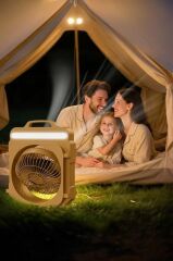 Şarjlı Masaüstü Vantilatör Kamp Tipi 4000 Mah Işıklı Taşınabilir Masa Fanı F53 Bej