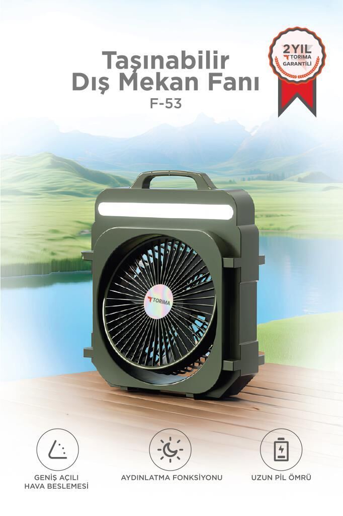 Şarjlı Masaüstü Vantilatör Kamp Tipi 4000 Mah Işıklı Taşınabilir Masa Fanı F53 Yeşil