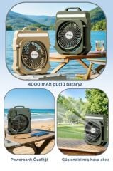Şarjlı Masaüstü Vantilatör Kamp Tipi 4000 Mah Işıklı Taşınabilir Masa Fanı F53 Yeşil