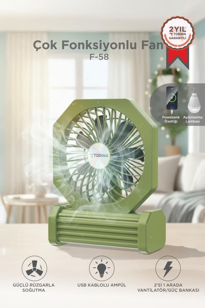 Şarjlı Masaüstü Vantilatör Powerbank Özellikli 3600 Mah Işıklı Taşınabilir Masa Fanı F58 Yeşil