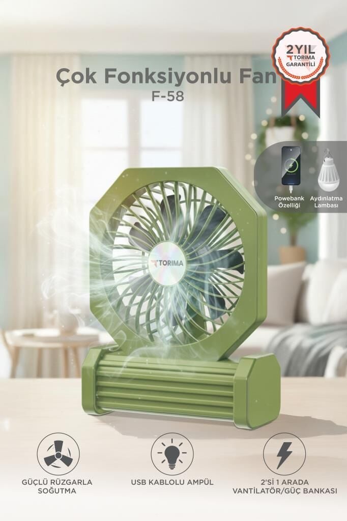 Şarjlı Masaüstü Vantilatör Powerbank Özellikli 3600 Mah Işıklı Taşınabilir Masa Fanı F58 Yeşil