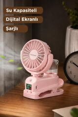 Vantilatör Dijital Ekranlı Su Kapasiteli Şarjlı Mini Masa Fan F14 Pembe