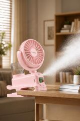 Vantilatör Dijital Ekranlı Su Kapasiteli Şarjlı Mini Masa Fan F14 Pembe