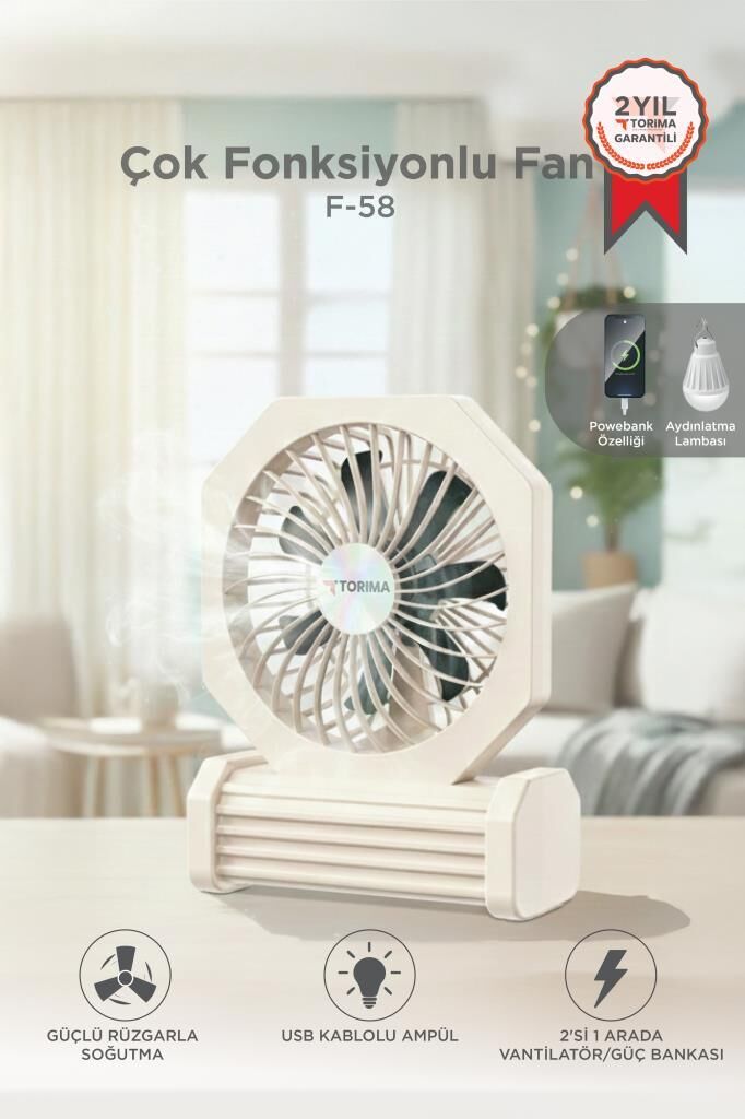 Şarjlı Masaüstü Vantilatör Powerbank Özellikli 3600 Mah Işıklı Taşınabilir Masa Fanı F58 Bej