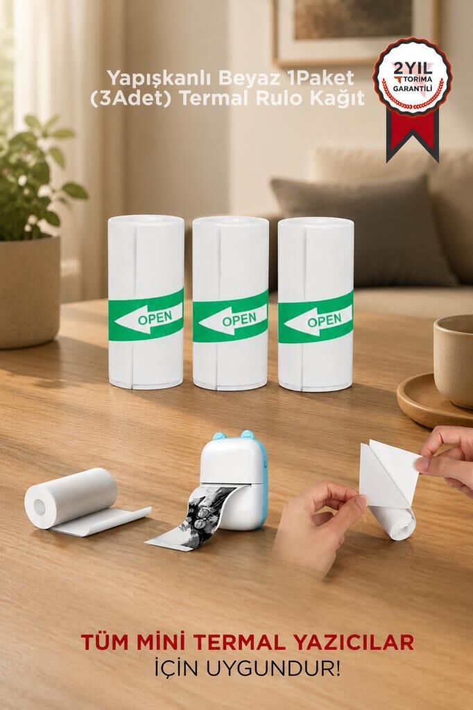 Torima Yapışkanlı Beyaz 1Paket (3Adet) Termal Rulo Kağıt Etiket Sticker Tüm Mini Makinalara Uyumlu