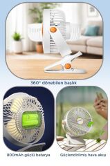 Şarjlı Masaüstü Vantilatör Mandallı Klipsli 800 Mah Işıklı Taşınabilir Masa Fanı F61 Beyaz
