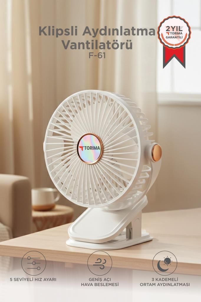 Şarjlı Masaüstü Vantilatör Mandallı Klipsli 800 Mah Işıklı Taşınabilir Masa Fanı F61 Beyaz