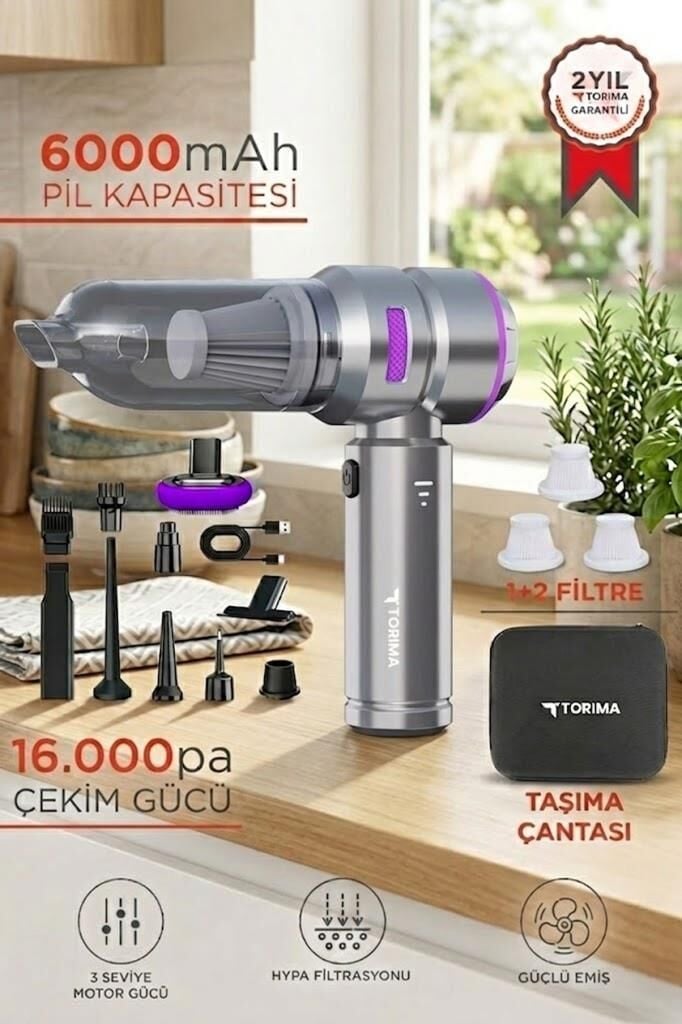 Araç İçi Süpürge 4IN1 17000PA Emiş Güçlü Üflemeli Şarjlı Mini Araba El Süpürgesi HL121 Mor