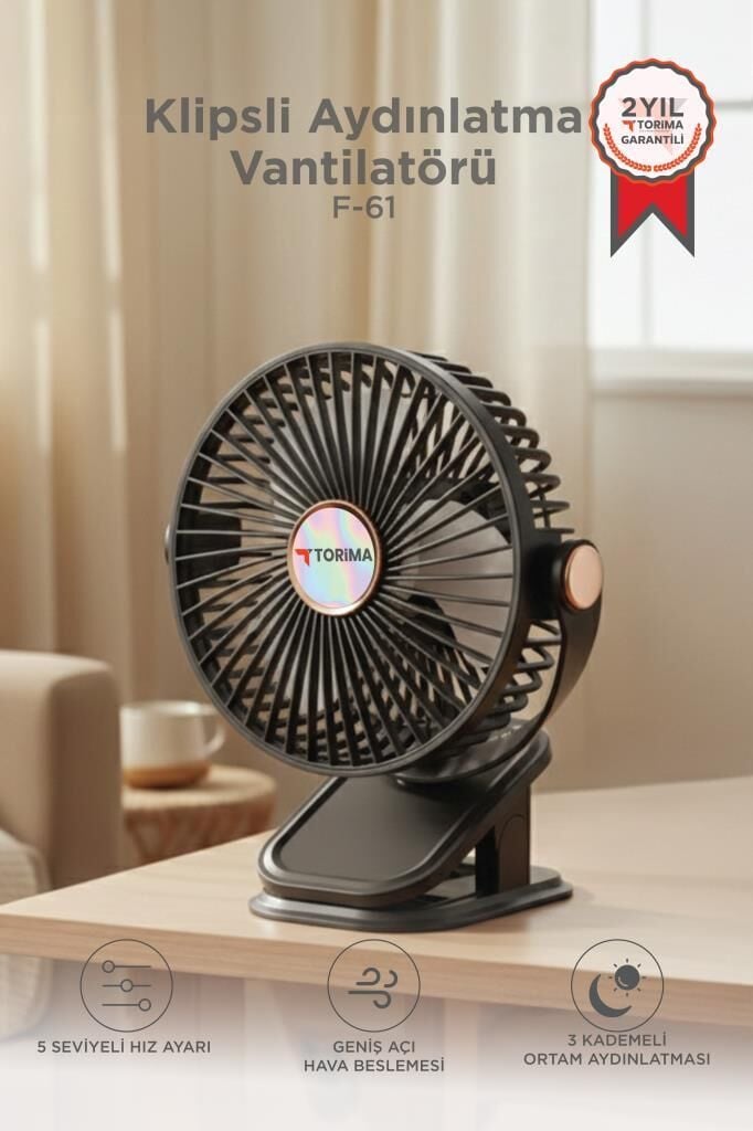 Şarjlı Masaüstü Vantilatör Mandallı Klipsli 800 Mah Işıklı Taşınabilir Masa Fanı F61 Siyah